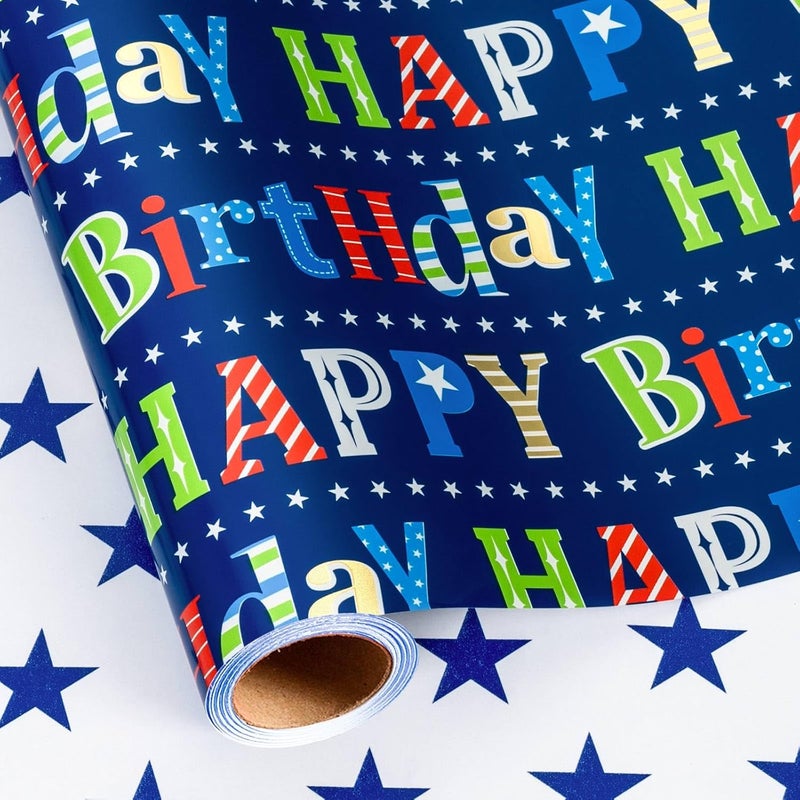 MAYPLUSS Happy Birthday Wrapping Paper Roll - 17 Inch X 16.5 Feet - Metallic Navy Blue Star Birthday Gift Wrapping Paper for Men, Boy, Baby Shower, Holiday - Image 1